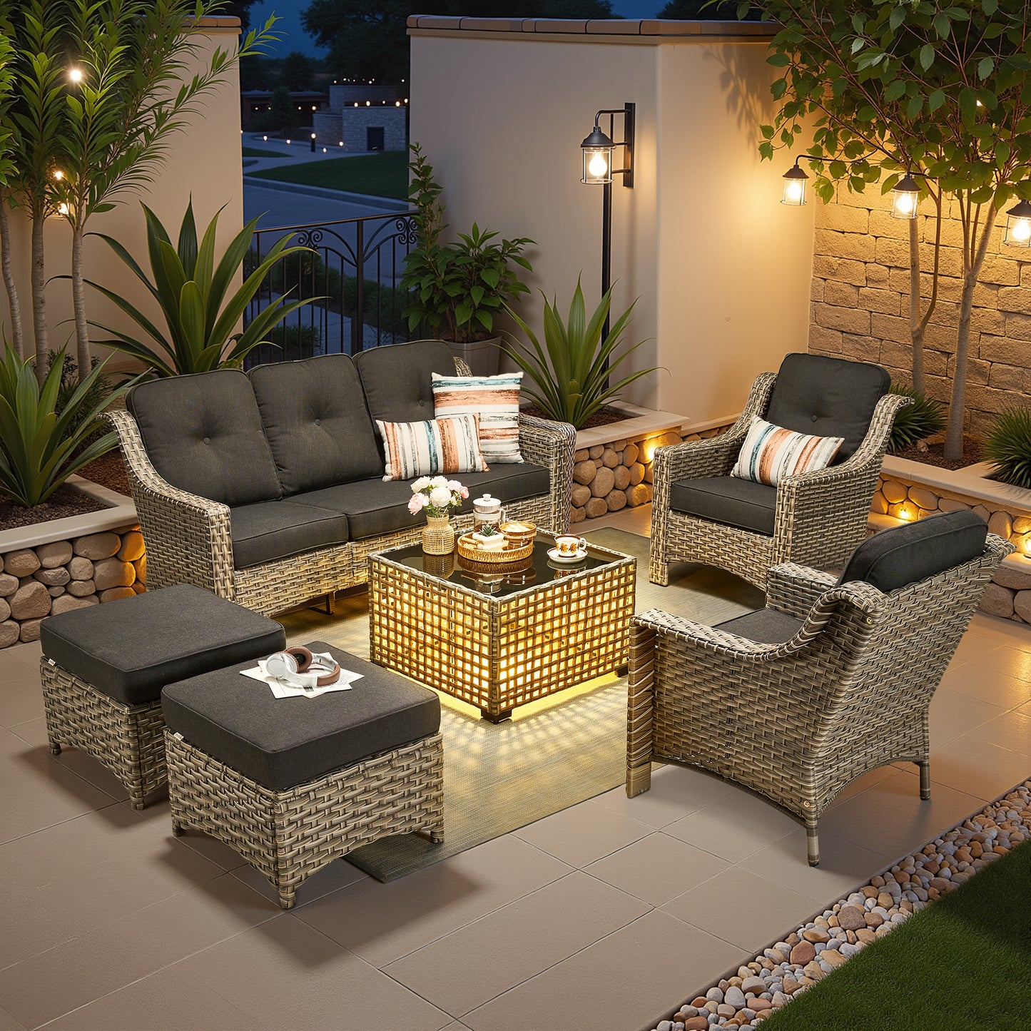 Vcatnet 4 Pieces Patio Outdoor Conversation Set High Back Wicker Rattan Furniture Outdoor Sectionals with Coffee Table