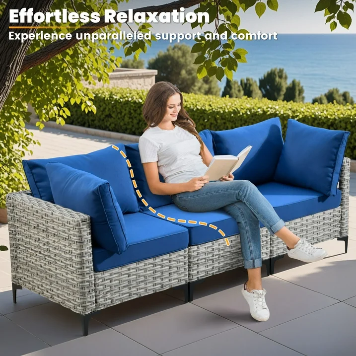 Vcatnet Outdoor Patio Furniture Sets 8 Pieces Sectional Sofa Wicker Conversation Set with Swivel Glider Chairs and Solar Powered Coffee Table Navy Blue