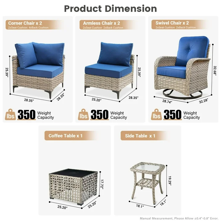 Vcatnet Outdoor Patio Furniture Sets 8 Pieces Sectional Sofa Wicker Conversation Set with Swivel Glider Chairs and Solar Powered Coffee Table Navy Blue