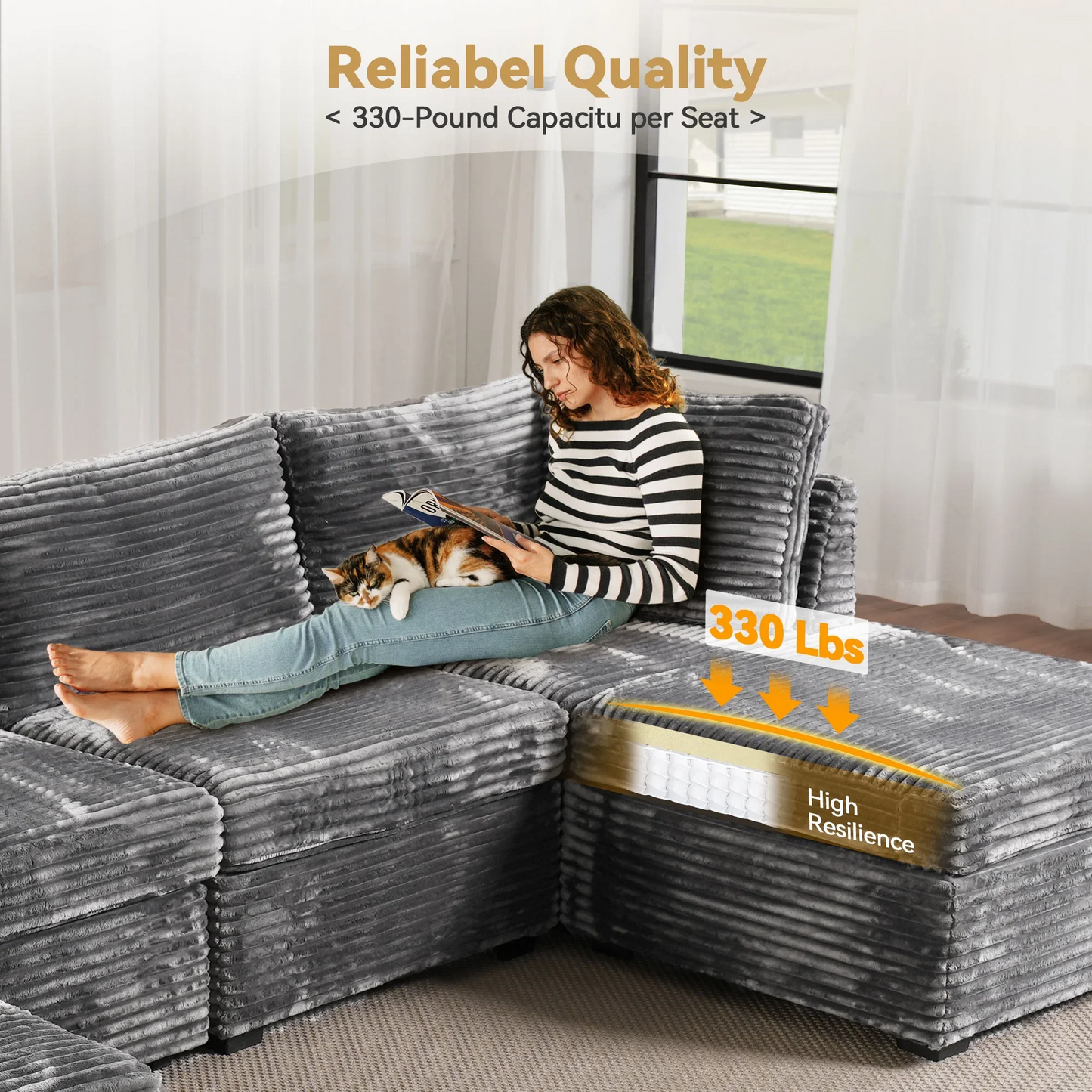 Vcatnet 130.7" Modular Sectional Sofa Cloud Couch Corduroy L Shaped Oversized Modern Minimalist Couch with Deep Seat for Living Room, 7 Seat, Gray