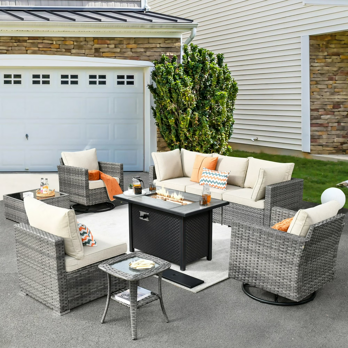 Vcatnet 6 Pieces Outdoor Patio Furniture with Fire Pit, Wicker Outdoor Conversation Set, Outdoor Sectional with Coffee Table