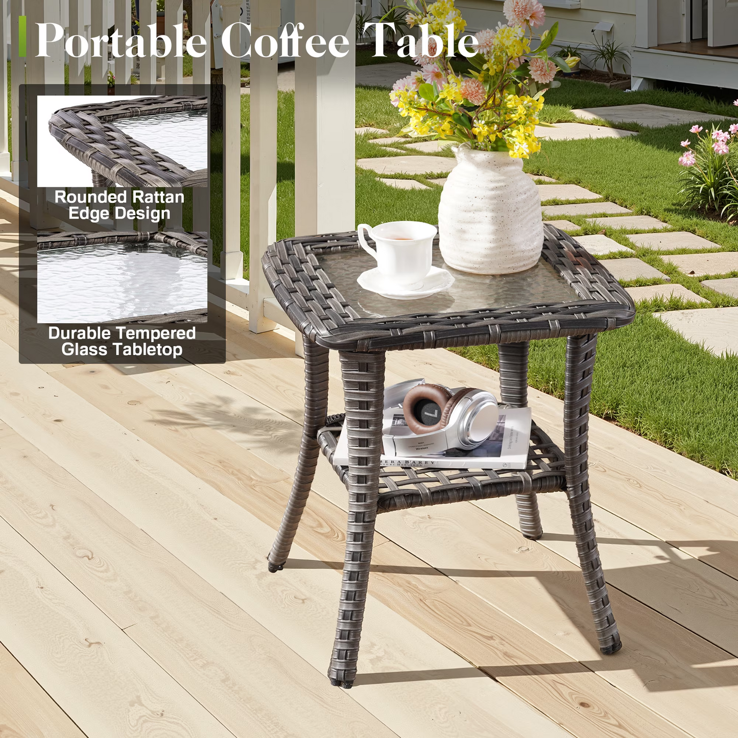 Vcatnet Outdoor Swivel Gliders Set of 2 with Side Table, 3 Pieces Outdoor Patio Furniture Wicker Swivel Rocking Chairs, Swivel Rocker Patio Chairs Set