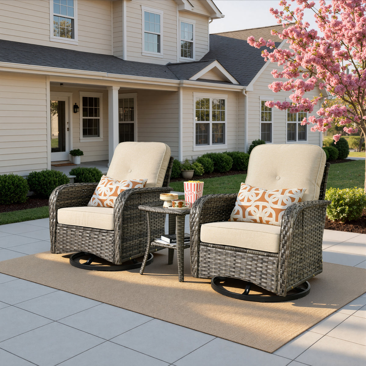 Vcatnet Outdoor Swivel Gliders Set of 2 with Side Table, 3 Pieces Outdoor Patio Furniture Wicker Swivel Rocking Chairs, Swivel Rocker Patio Chairs Set
