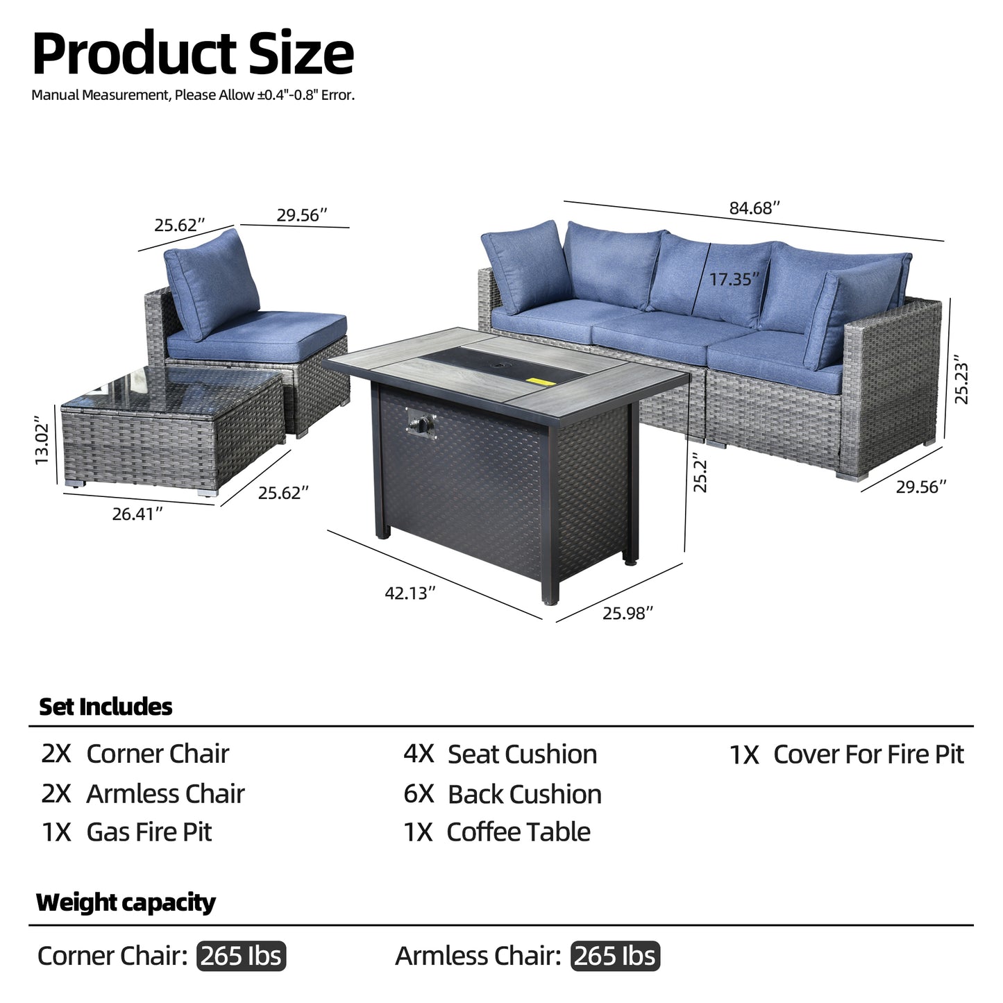 Vcatnet 6 Pieces Conversation Set Outdoor Patio Furniture Sectional Sofa with Fire Pit Table,Denim Blue
