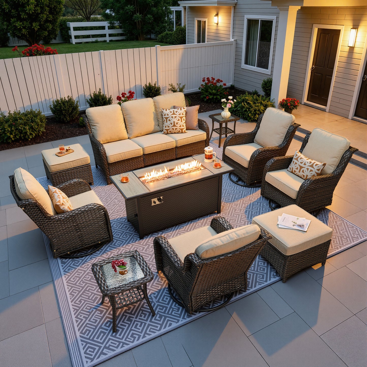 Vcatnet 5 Pieces Outdoor Patio Furniture with Fire Pit Wicker Sectional Sofa High-Back Conversation Set with Swivel Chairs