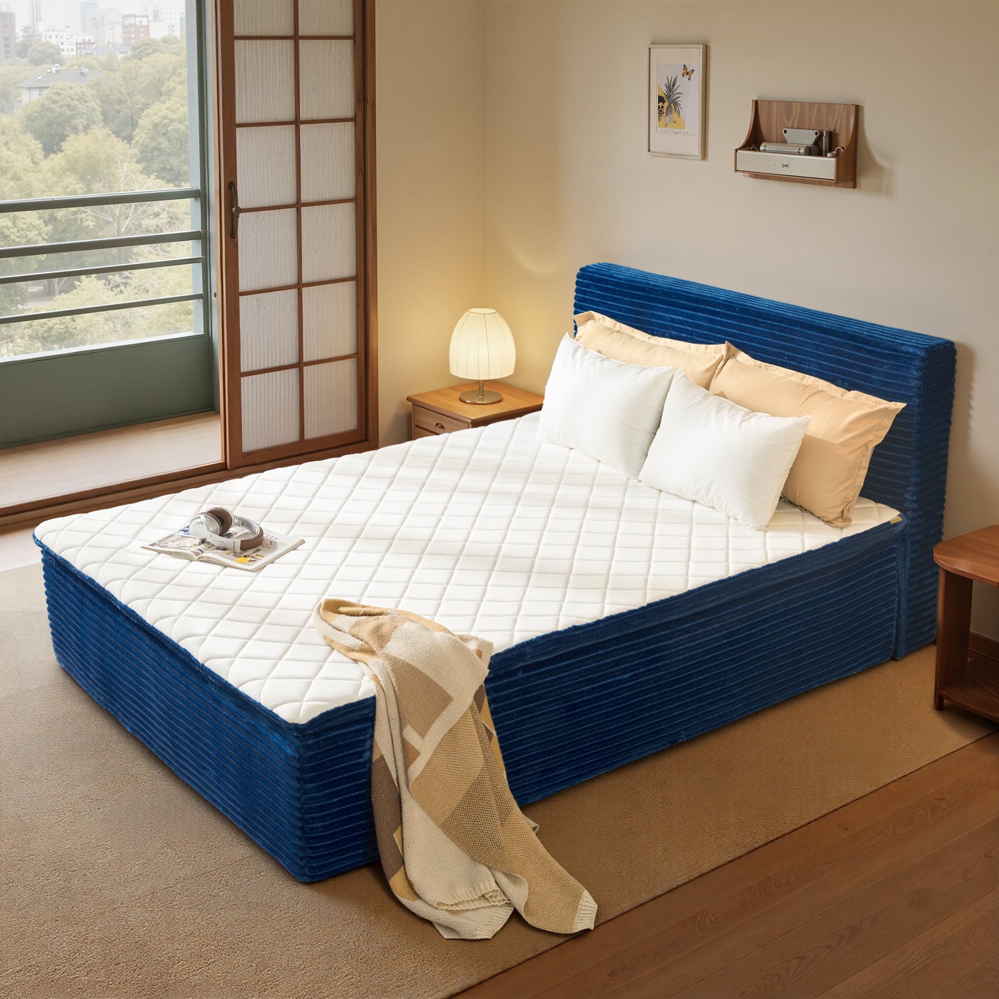 Vcatnet Twin Mattress with Headboard, 16.7 inch Hybrid Memory Foam Mattress in a Box, Corduroy Floor Bed, No Assembly Required, Beige