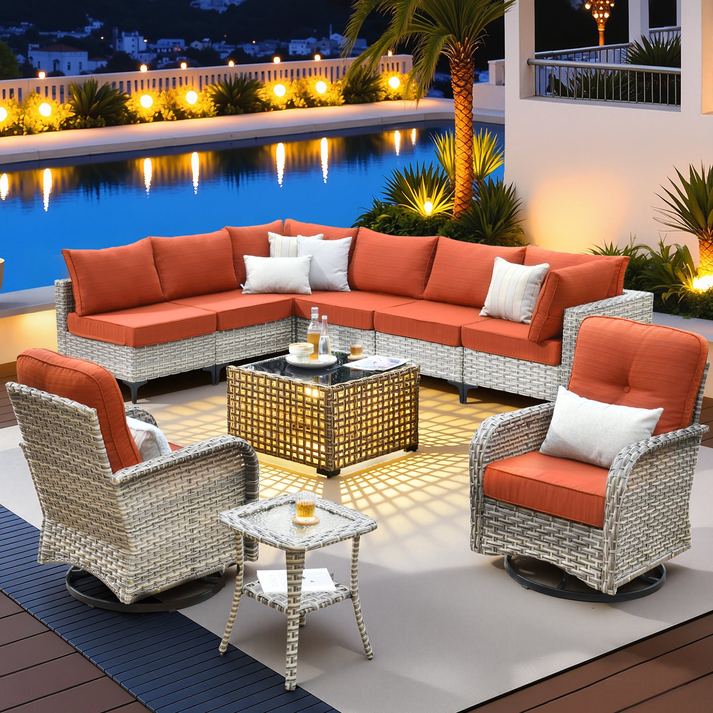 Vcatnet Outdoor Patio Furniture Sets 8 Pieces Sectional Sofa Wicker Conversation Set with Swivel Glider Chairs and Solar Powered Coffee Table for Porch,Backyard