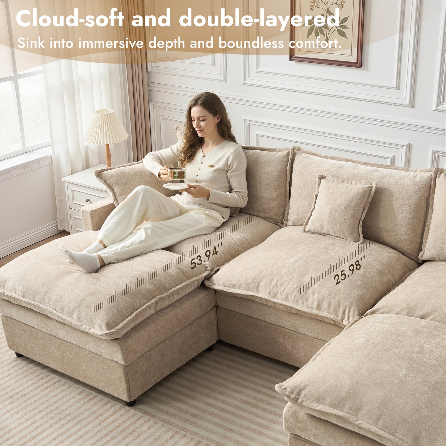 Vcatnet 107" Modular Sectional Sofa Couch Chenille Cloud Couch with 2 Ottomans L Shaped Oversized Modern Minimalist Couch for Living Room
