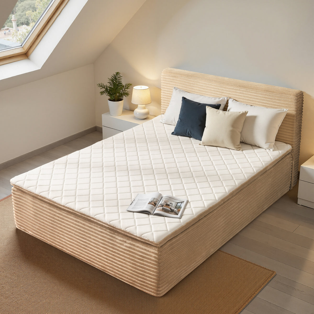 Vcatnet 16.7" Boneless Twin Size Bed Frame with Mattress, 2-in-1 Corduroy Platform Cloud Bed, No Assembly Bed and Mattress