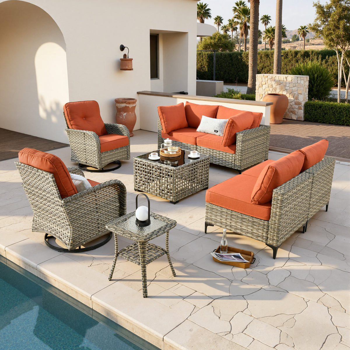 Vcatnet Outdoor Patio Furniture Sets 8 Pieces Sectional Sofa Wicker Conversation Set with Swivel Glider Chairs and Solar Powered Coffee Table for Porch,Backyard