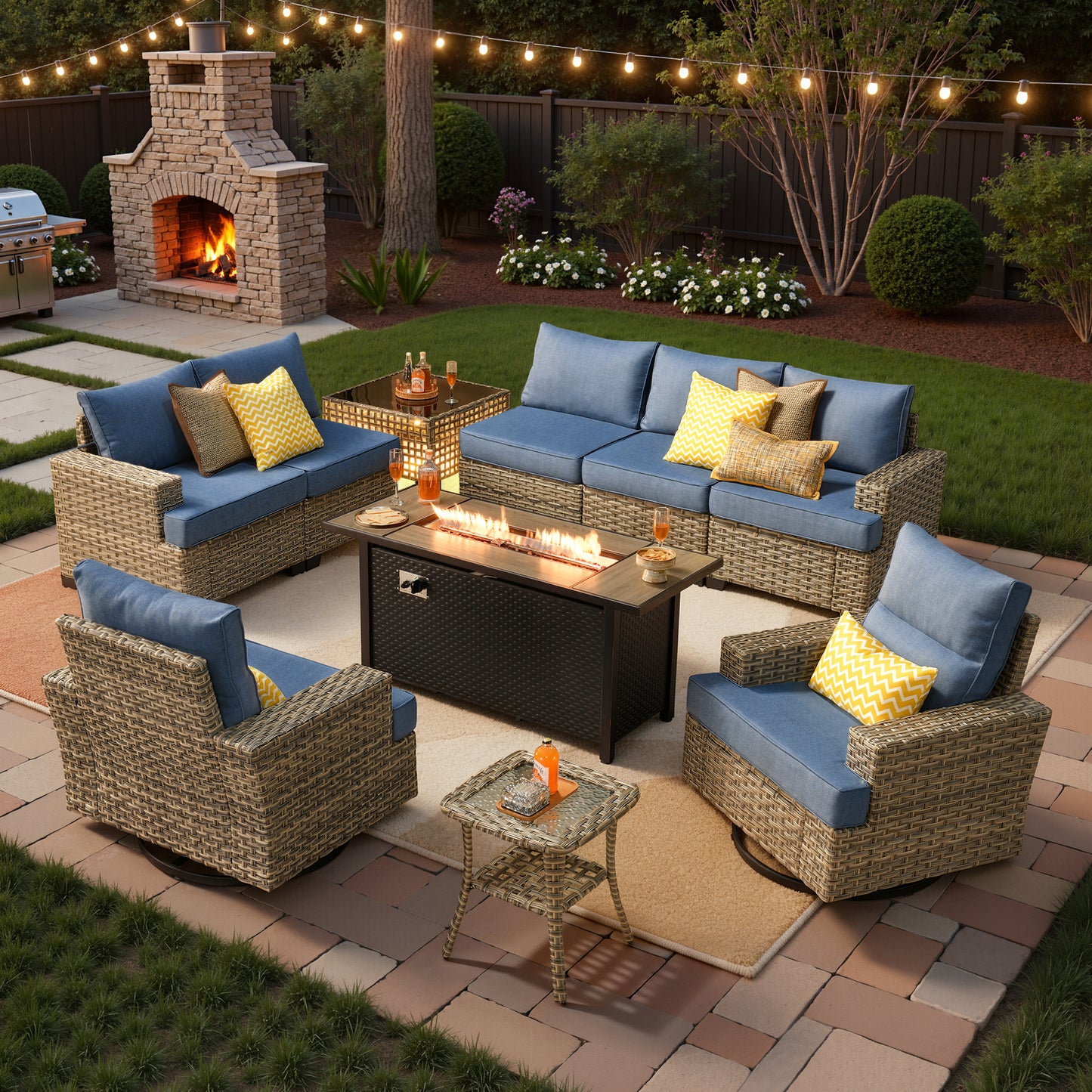 Vcatnet 9 Pieces Outdoor Patio Furniture with 54" Fire Pit Wicker Sectional Sofa All-Weather Outdoor Conversation Set with Swivel Glider Chairs and Ottoman