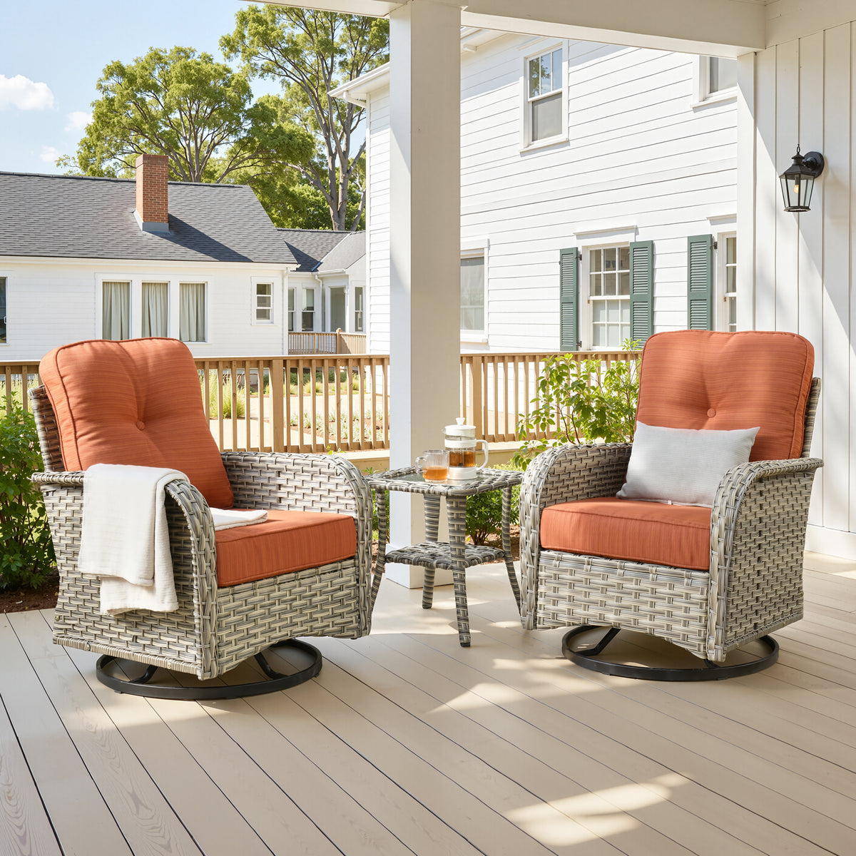 Vcatnet 3 Pieces Outdoor Patio Furniture Wicker Swivel Rocking Chair Swivel Rocker Patio Chairs Set of 2 with Side Table for Porch, Backyard