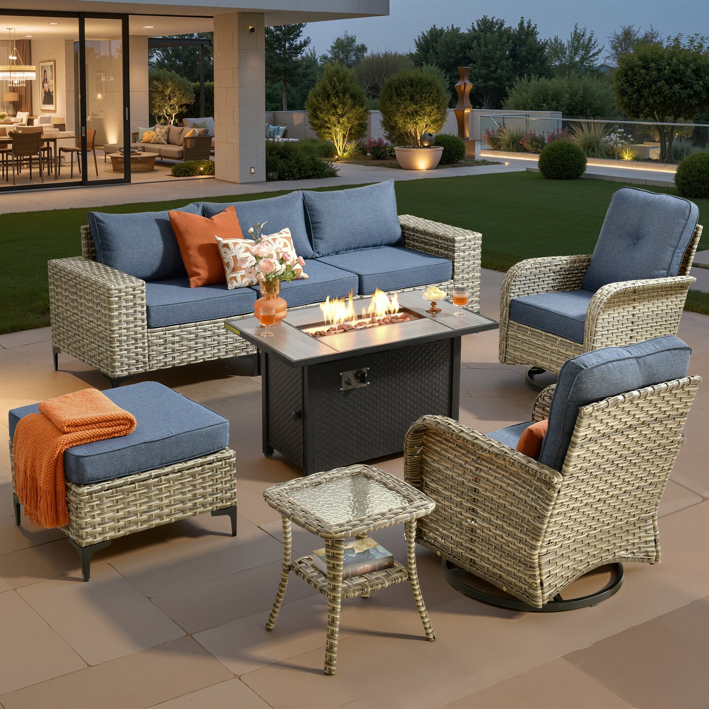 Vcatnet Outdoor Patio Furniture 5 Pieces Wicker Conversation Set Sectional Sofa with Coffee Table and Ottoman