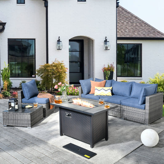 Vcatnet 6 Pieces Conversation Set Outdoor Patio Furniture Sectional Sofa with Fire Pit Table,Denim Blue