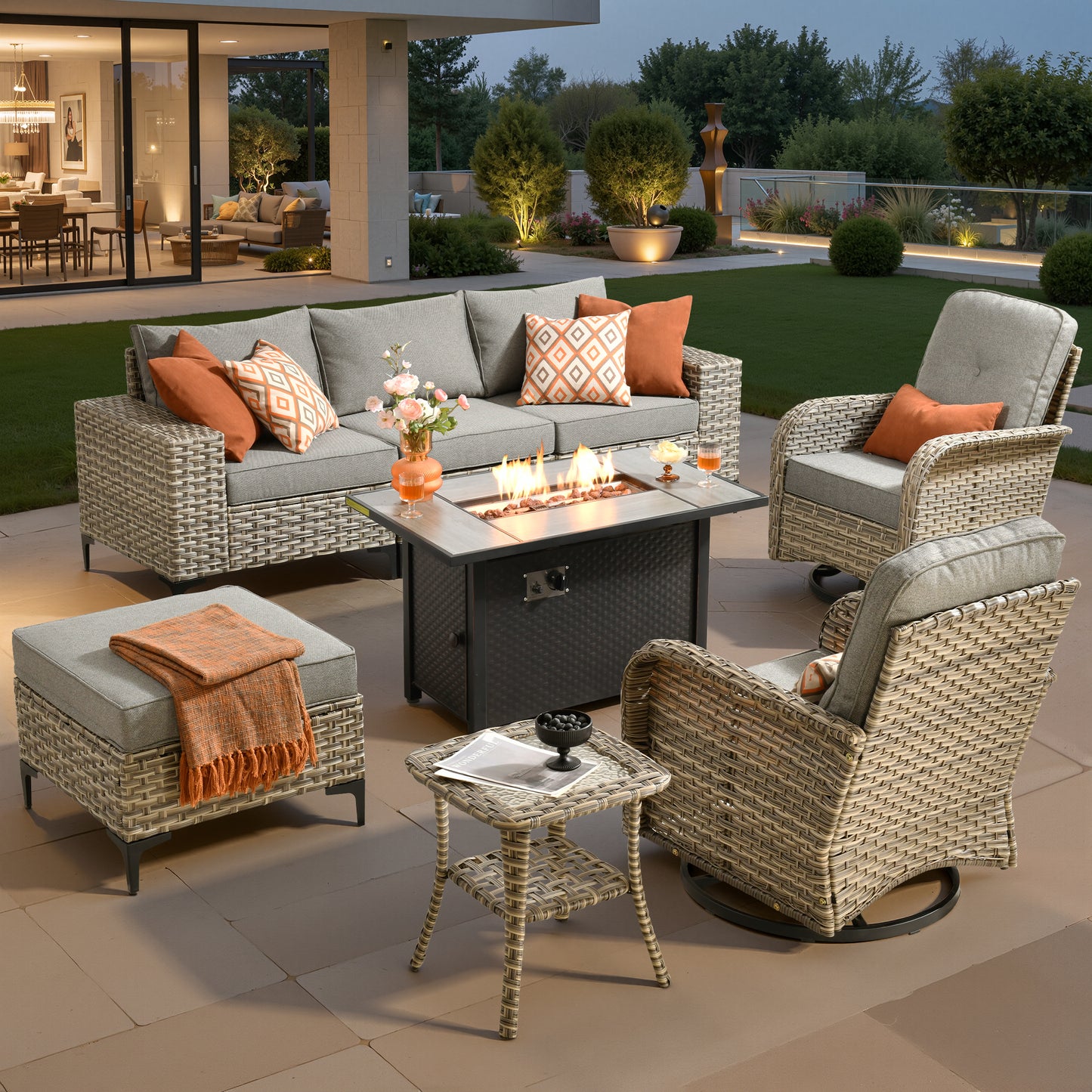 Vcatnet Outdoor Patio Furniture 5 Pieces Wicker Conversation Set Sectional Sofa with Coffee Table and Ottoman