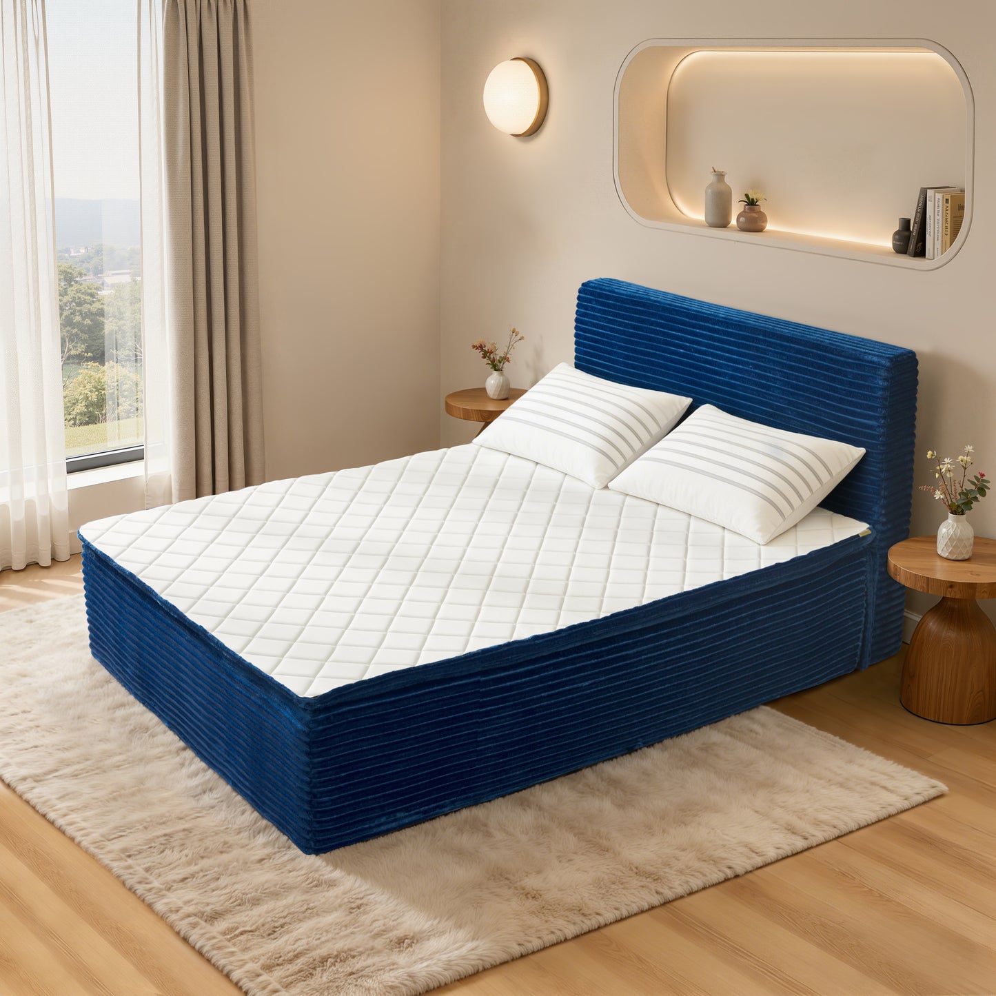 Vcatnet Twin Mattress with Headboard, 16.7 inch Hybrid Memory Foam Mattress in a Box, Corduroy Floor Bed, No Assembly Required, Beige