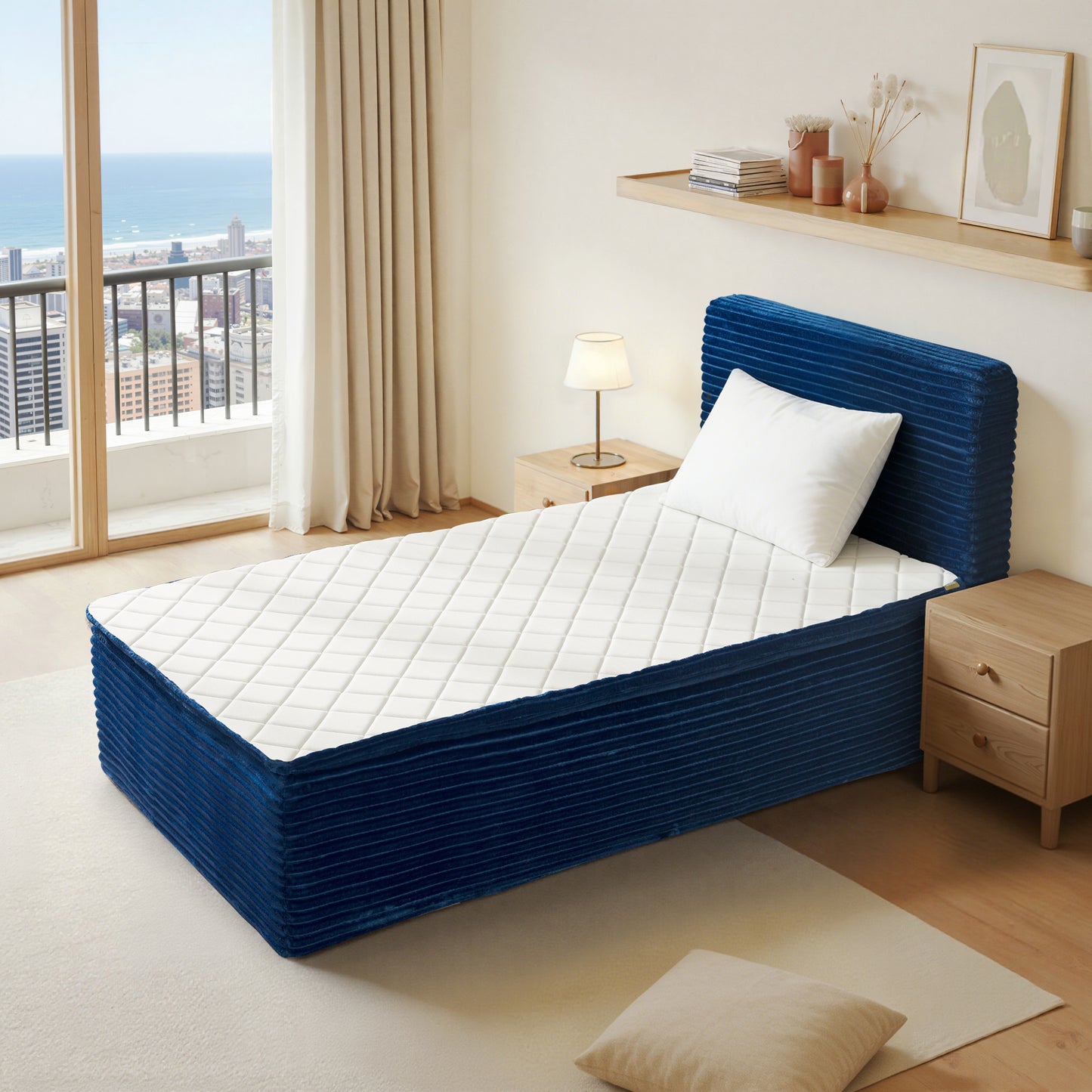 Vcatnet Twin Mattress with Headboard, 16.7 inch Hybrid Memory Foam Mattress in a Box, Corduroy Floor Bed, No Assembly Required, Beige