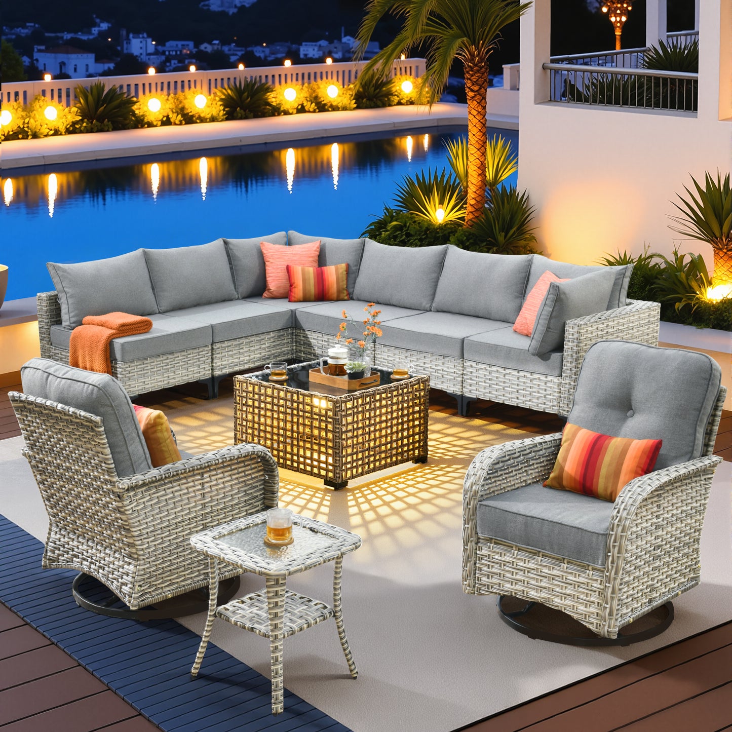 Vcatnet Outdoor Patio Furniture Sets 8 Pieces Sectional Sofa Wicker Conversation Set with Swivel Glider Chairs and Solar Powered Coffee Table for Porch,Backyard