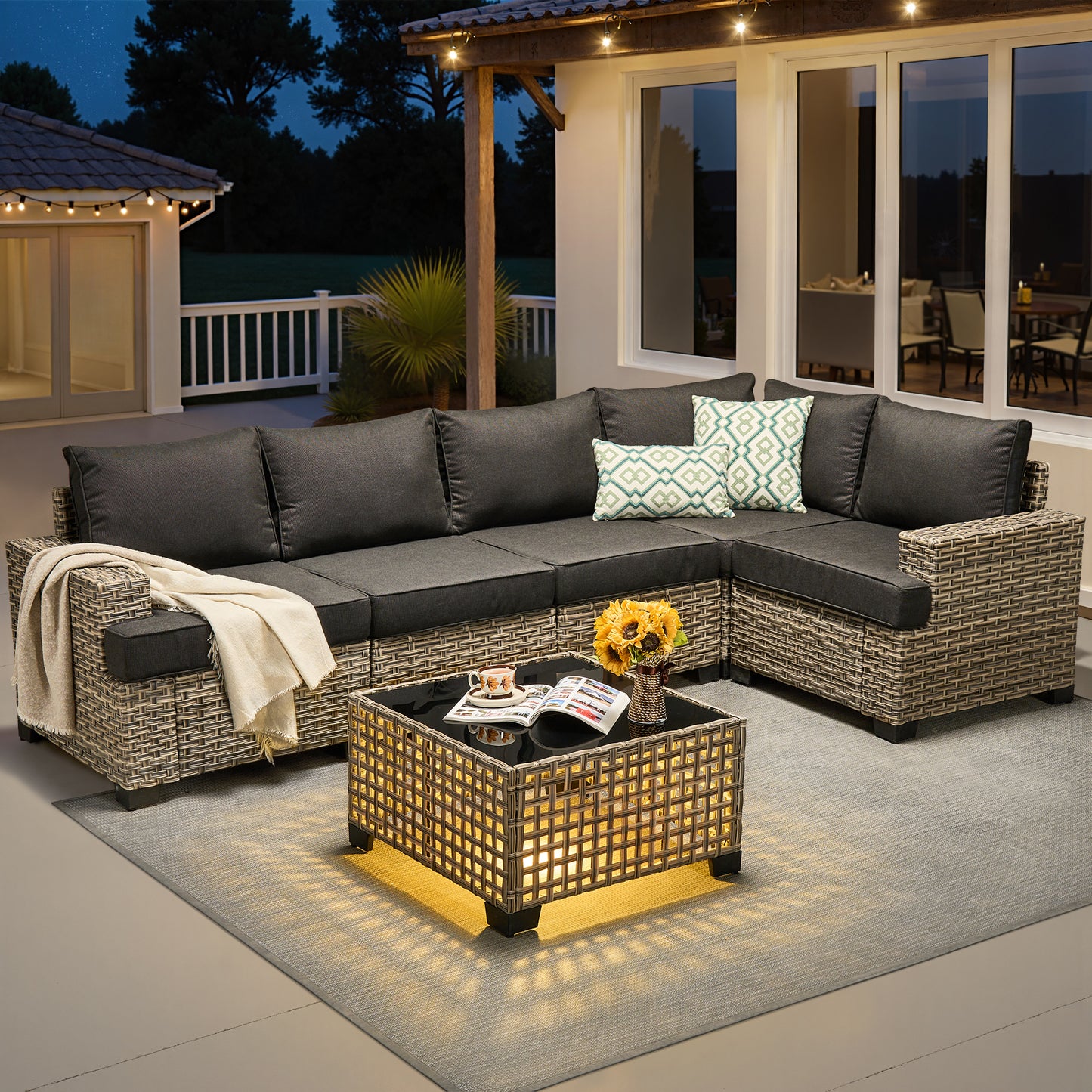 Vcatnet 7 Pieces Outdoor Patio Furniture Sectional Sofa Wicker Conversation Set with Ottomans