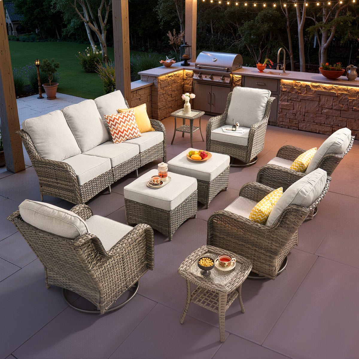 Vcatnet 5 Pieces Outdoor Patio Furniture with Fire Pit Wicker Sectional Sofa High-Back Conversation Set with Swivel Chairs