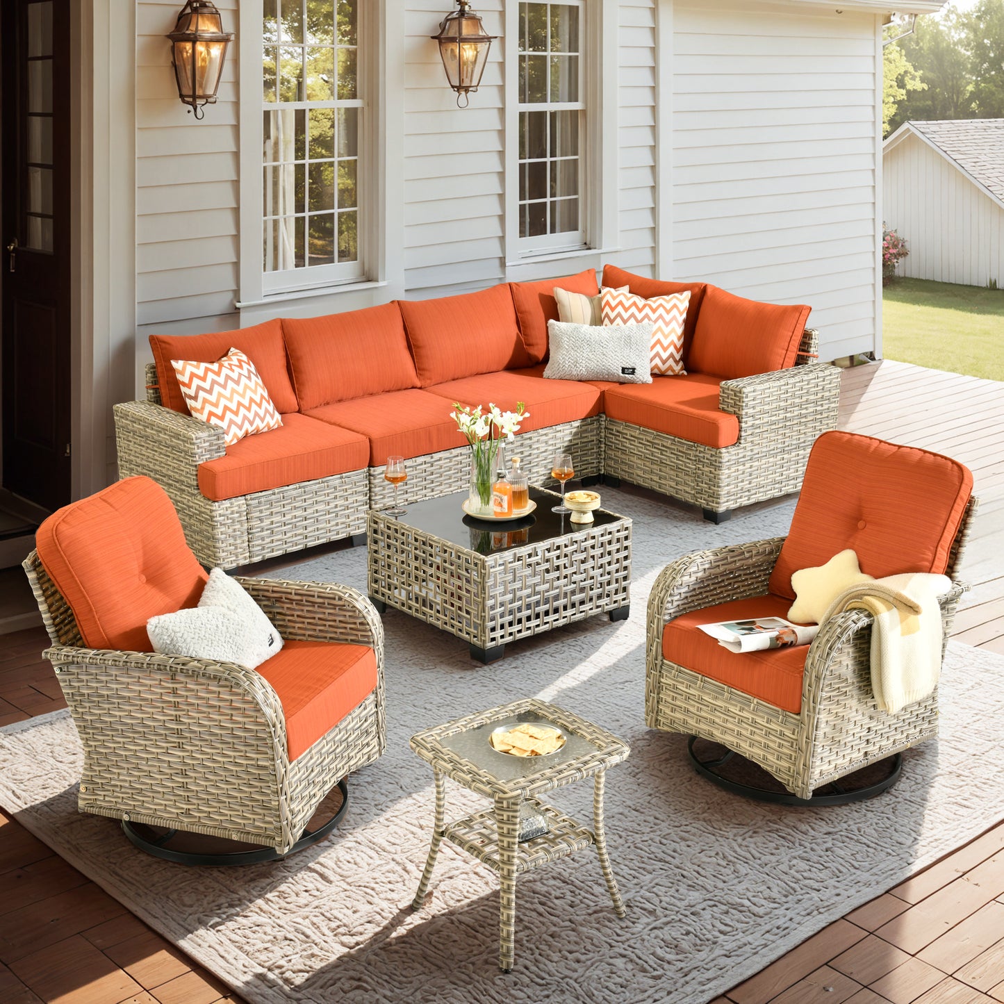 Vcatnet 7 Pieces Outdoor Patio Furniture Sectional Sofa Wicker Conversation Set with Ottomans