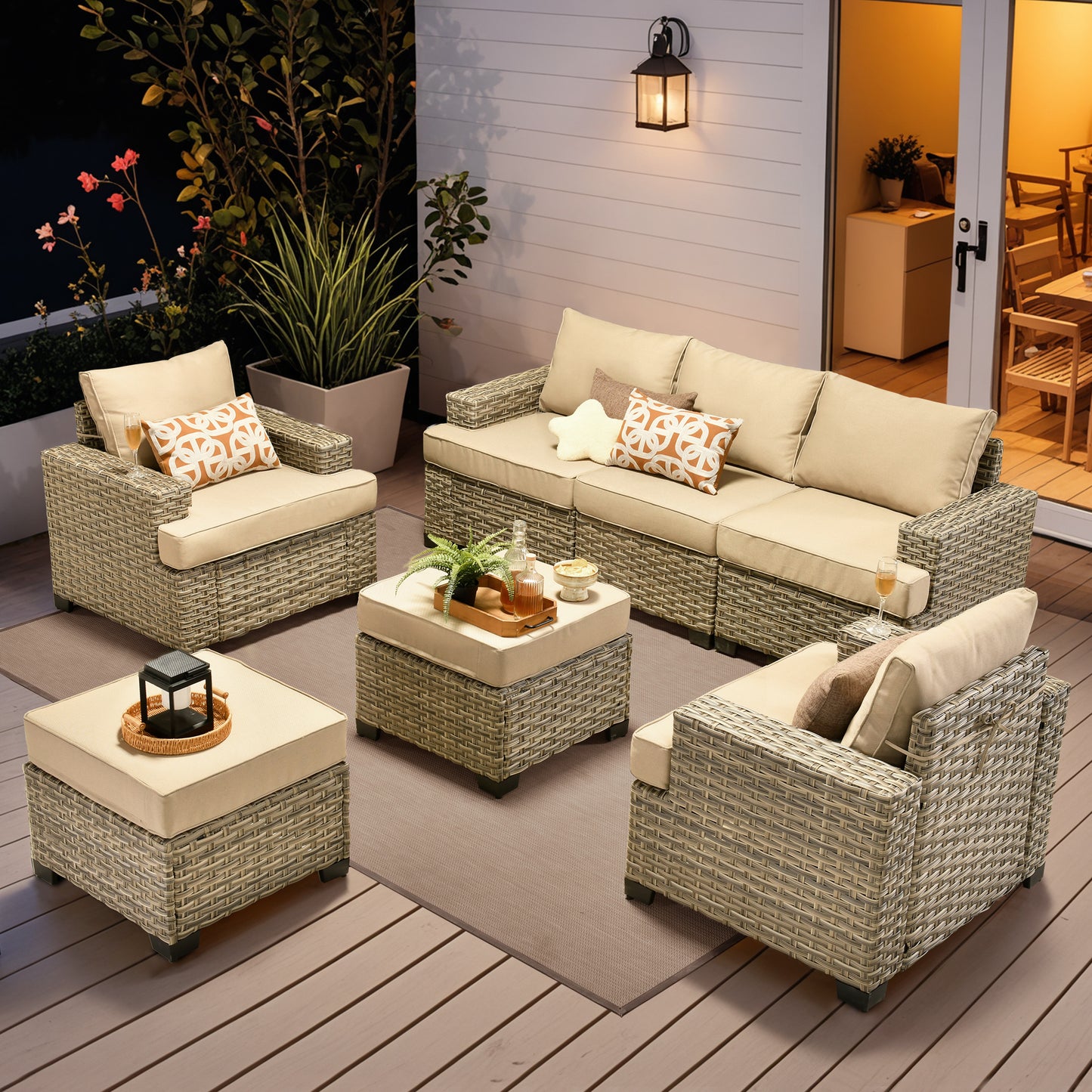 Vcatnet 7 Pieces Outdoor Patio Furniture Sectional Sofa Wicker Conversation Set with Ottomans