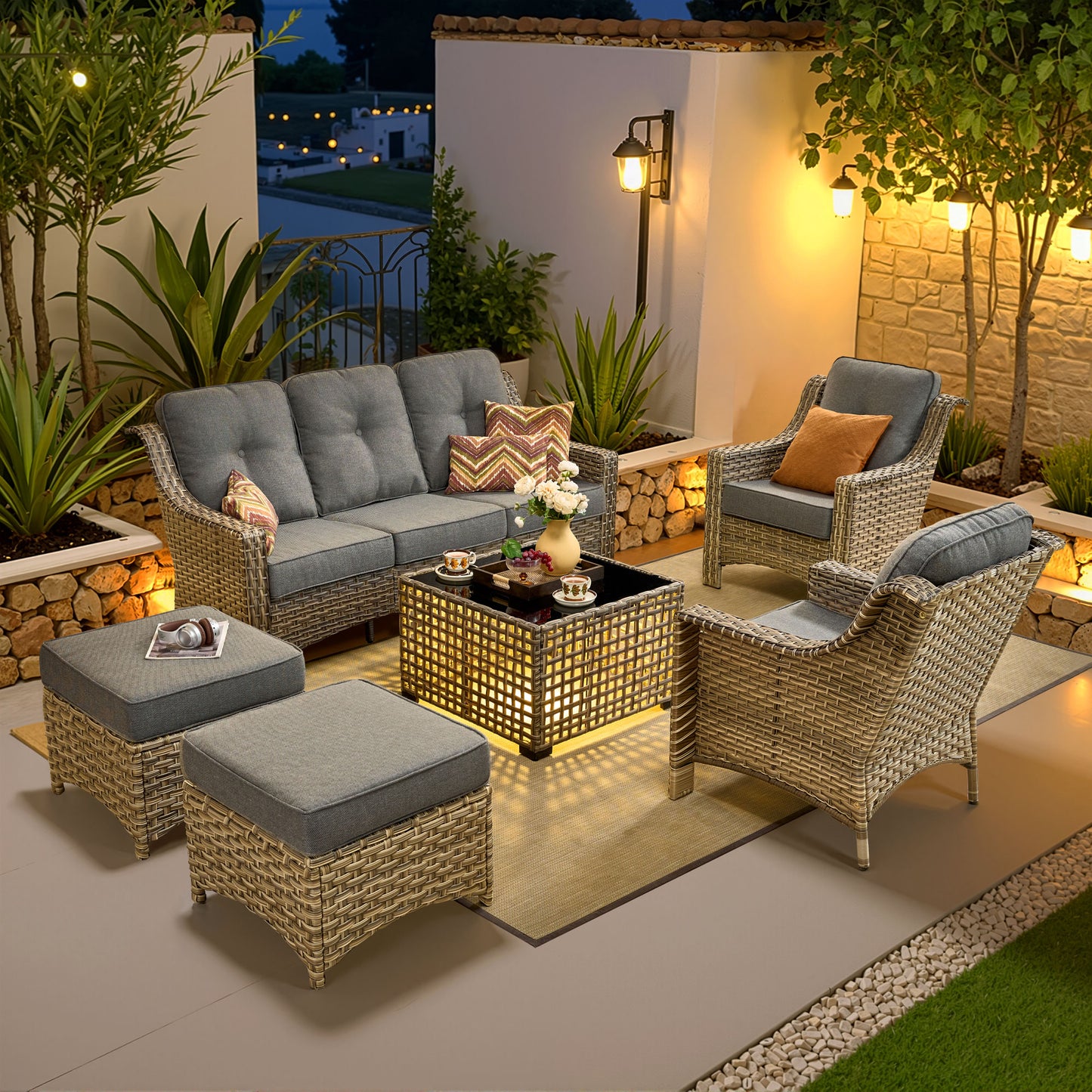 Vcatnet 4 Pieces Patio Outdoor Conversation Set High Back Wicker Rattan Furniture Outdoor Sectionals with Coffee Table