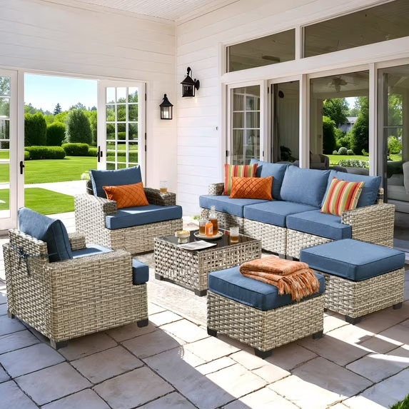 Vcatnet 8 Pieces Outdoor Patio Furniture Sectional Sofa PE Rattan Wicker Conversation Set with Solar Powered Coffee Table for Porch, Backyard