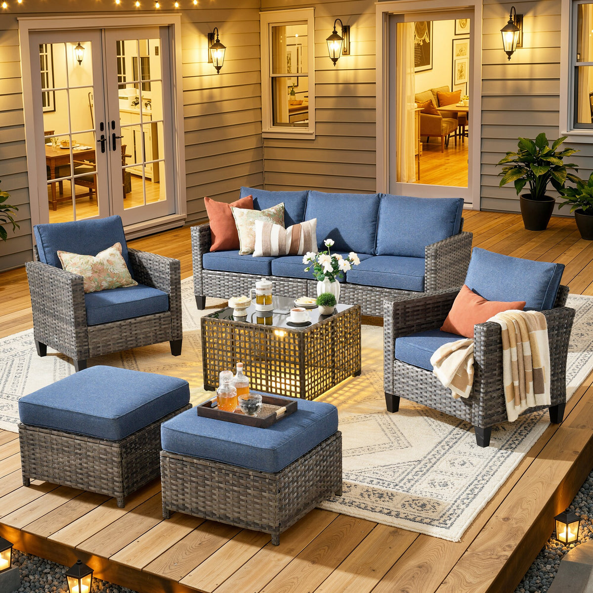Vcatnet Outdoor Patio Furniture 5 Pieces Wicker Rattan Outdoor Sectional Conversation Set with Ottomans