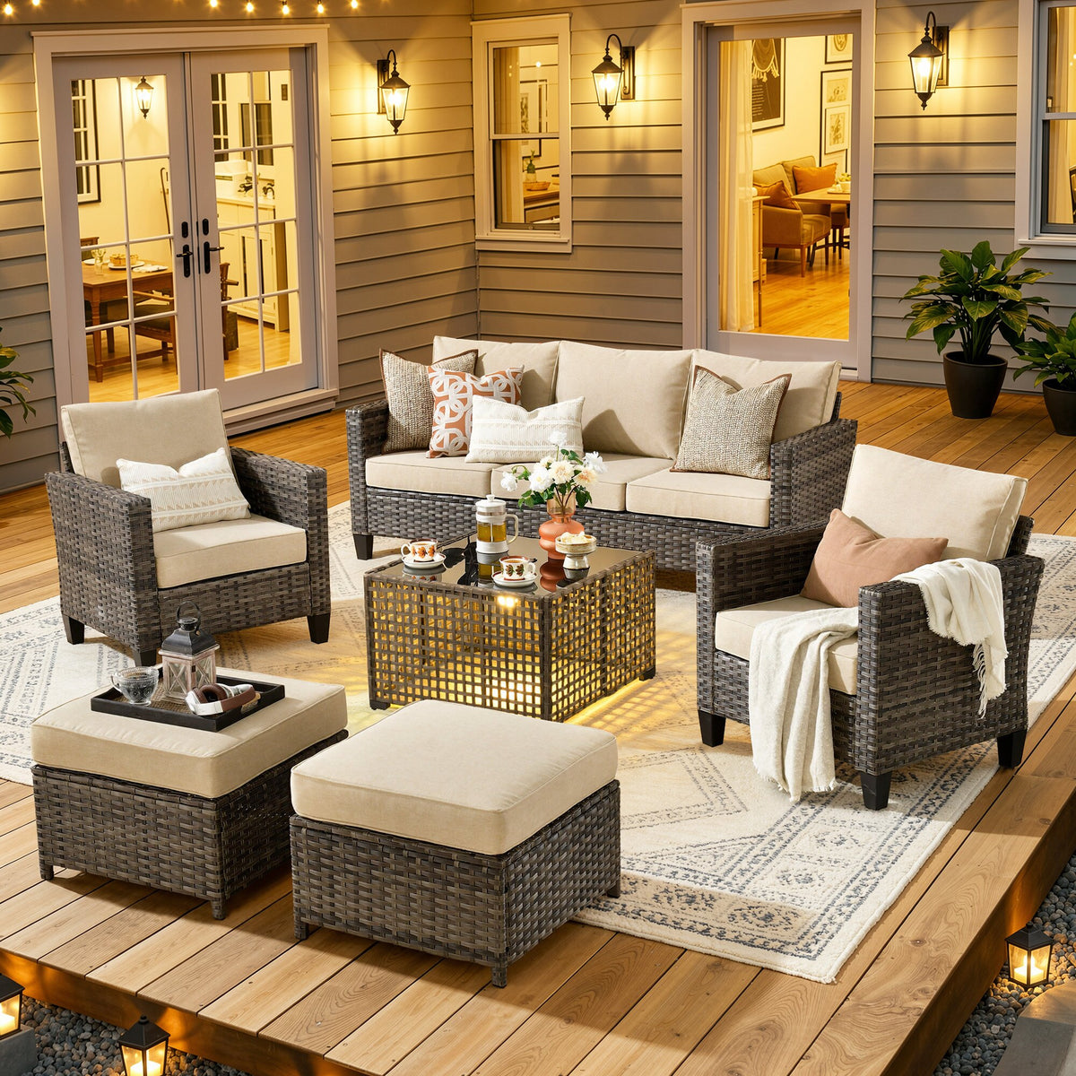 Vcatnet Outdoor Patio Furniture 5 Pieces Wicker Rattan Outdoor Sectional Conversation Set with Ottomans