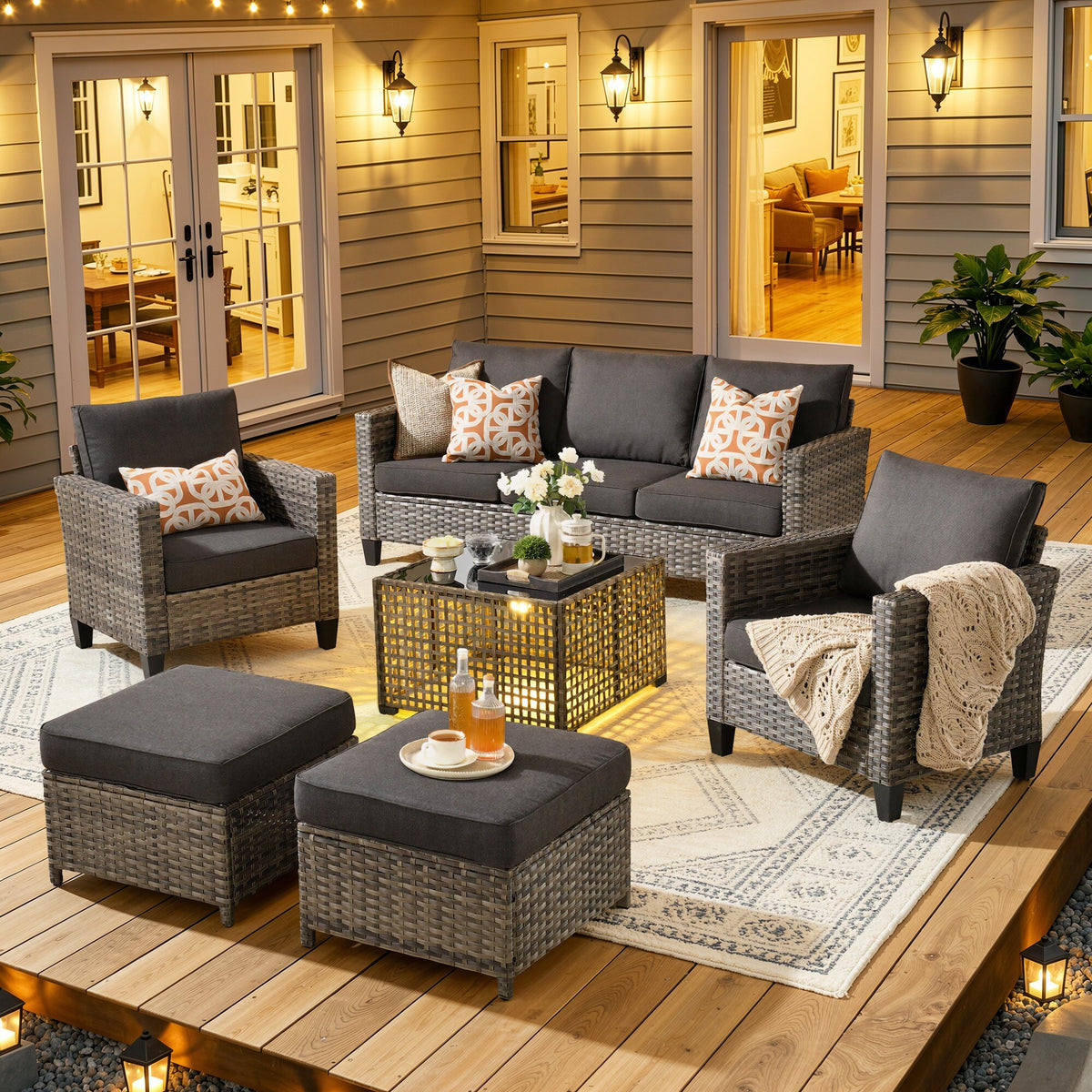 Vcatnet Outdoor Patio Furniture 5 Pieces Wicker Rattan Outdoor Sectional Conversation Set with Ottomans