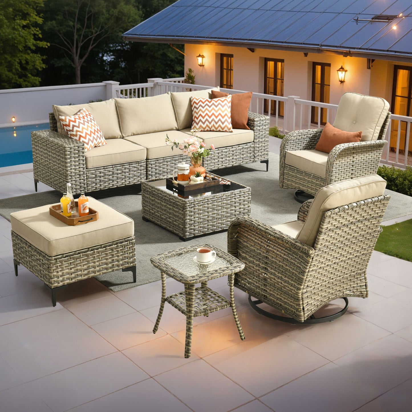 Vcatnet Outdoor Patio Furniture 5 Pieces Wicker Conversation Set Sectional Sofa with Coffee Table and Ottoman