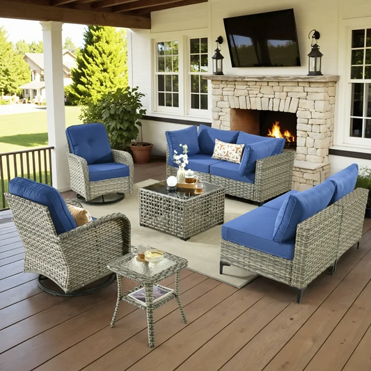 Vcatnet Outdoor Patio Furniture Sets 8 Pieces Sectional Sofa Wicker Conversation Set with Swivel Glider Chairs and Solar Powered Coffee Table Navy Blue
