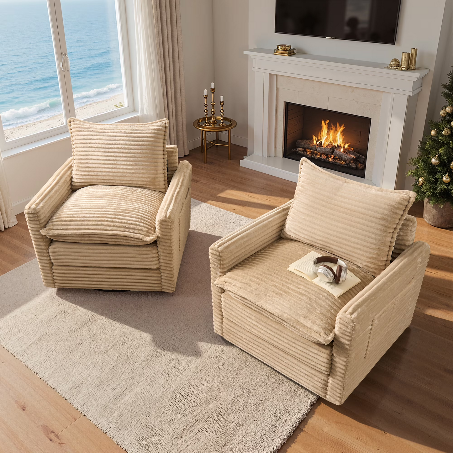 Vcatnet Swivel Accent Chairs Set of 2 Corduroy 360°Swivel Armchair Reading Chair with Side Pockets for Living Room, Bedroom, Reading Room Beige