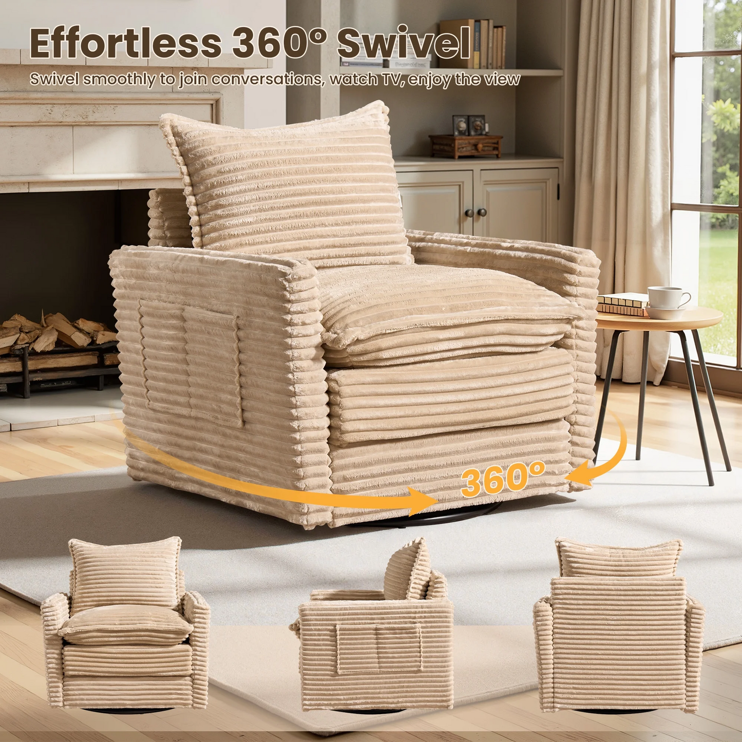 Vcatnet 98" Modular Sectional Sofa Couch Corduroy Cloud Couch Oversized Modern Minimalist Couch with Swivel Accent Chairs for Living Room, 5 Seat, Beige