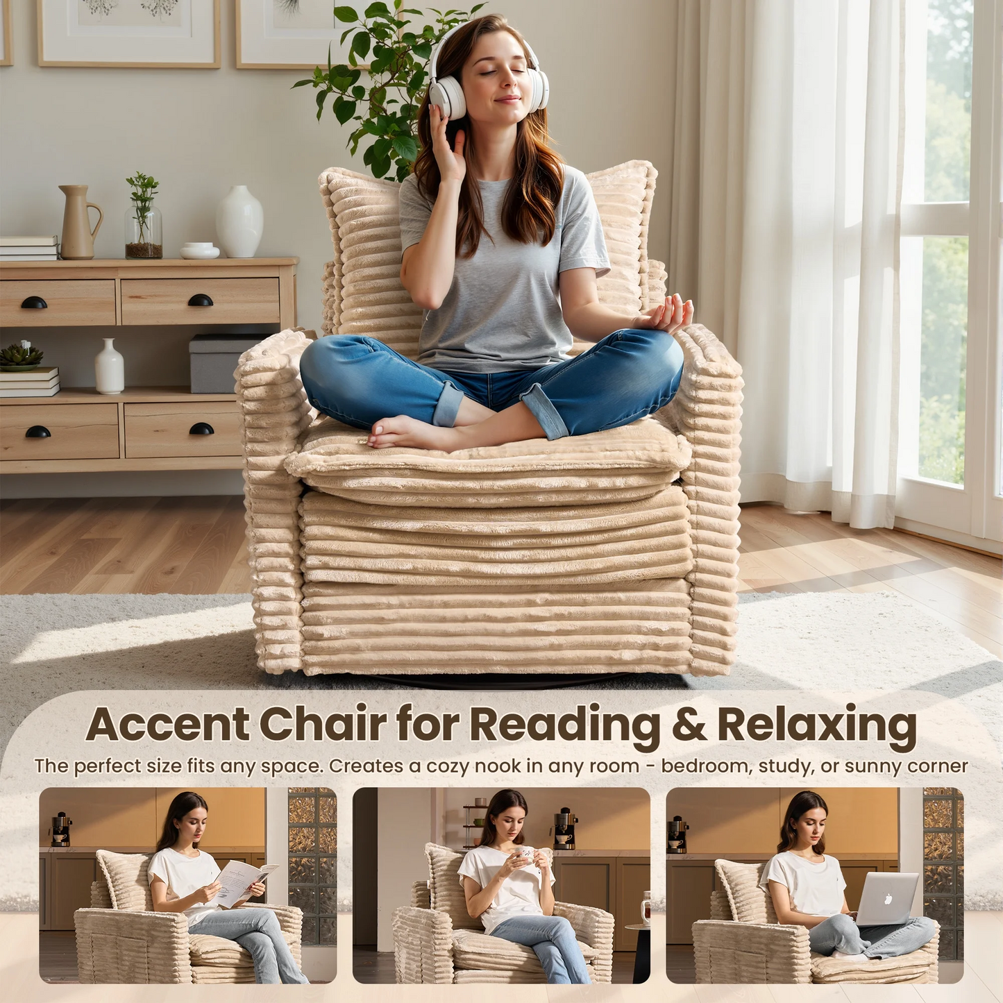 Vcatnet Swivel Accent Chairs Set of 2 Corduroy 360°Swivel Armchair Reading Chair with Side Pockets for Living Room, Bedroom, Reading Room Beige