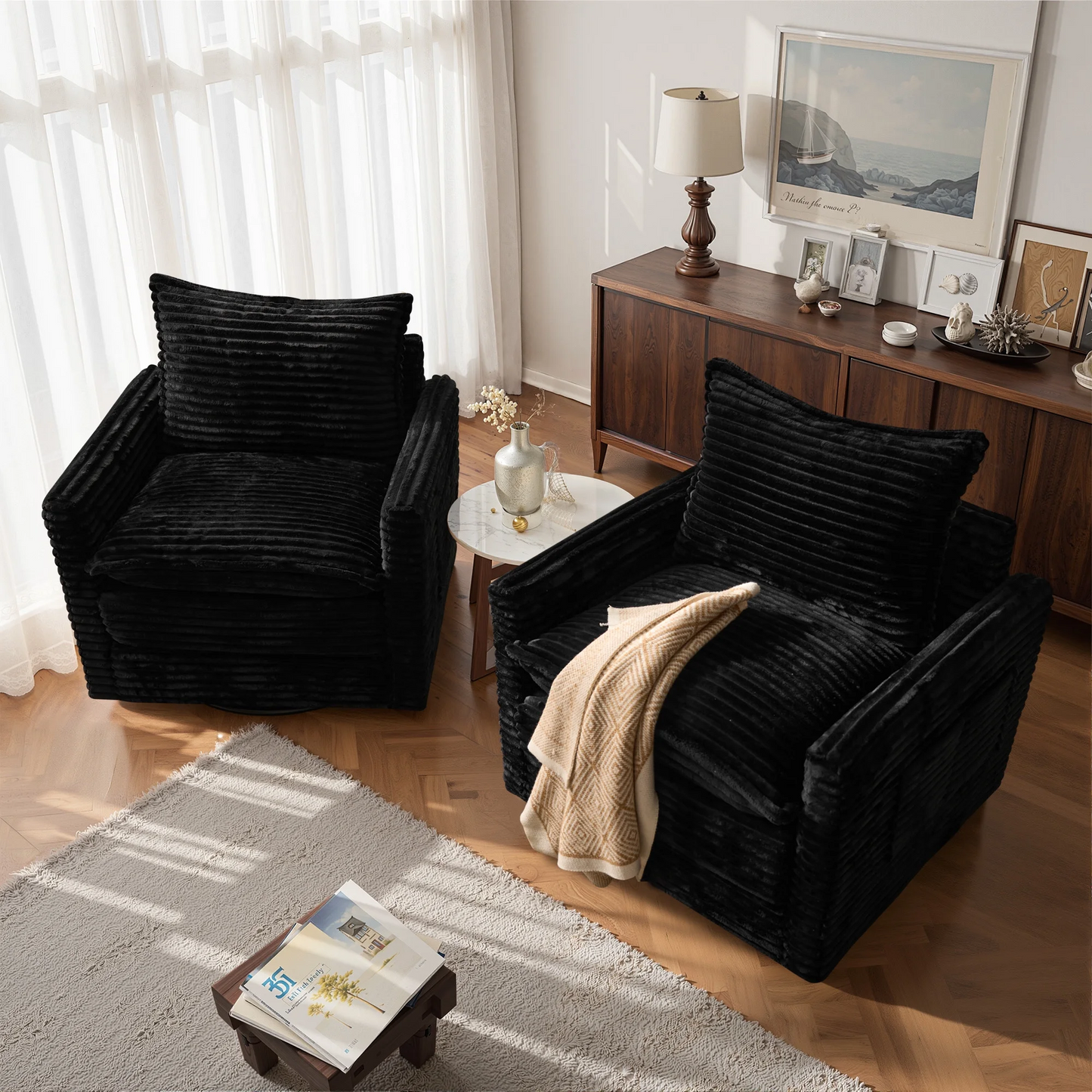 Vcatnet Swivel Accent Chairs Set of 2 Corduroy 360°Swivel Armchair Reading Chair with Side Pockets for Living Room, Bedroom, Reading Room Black