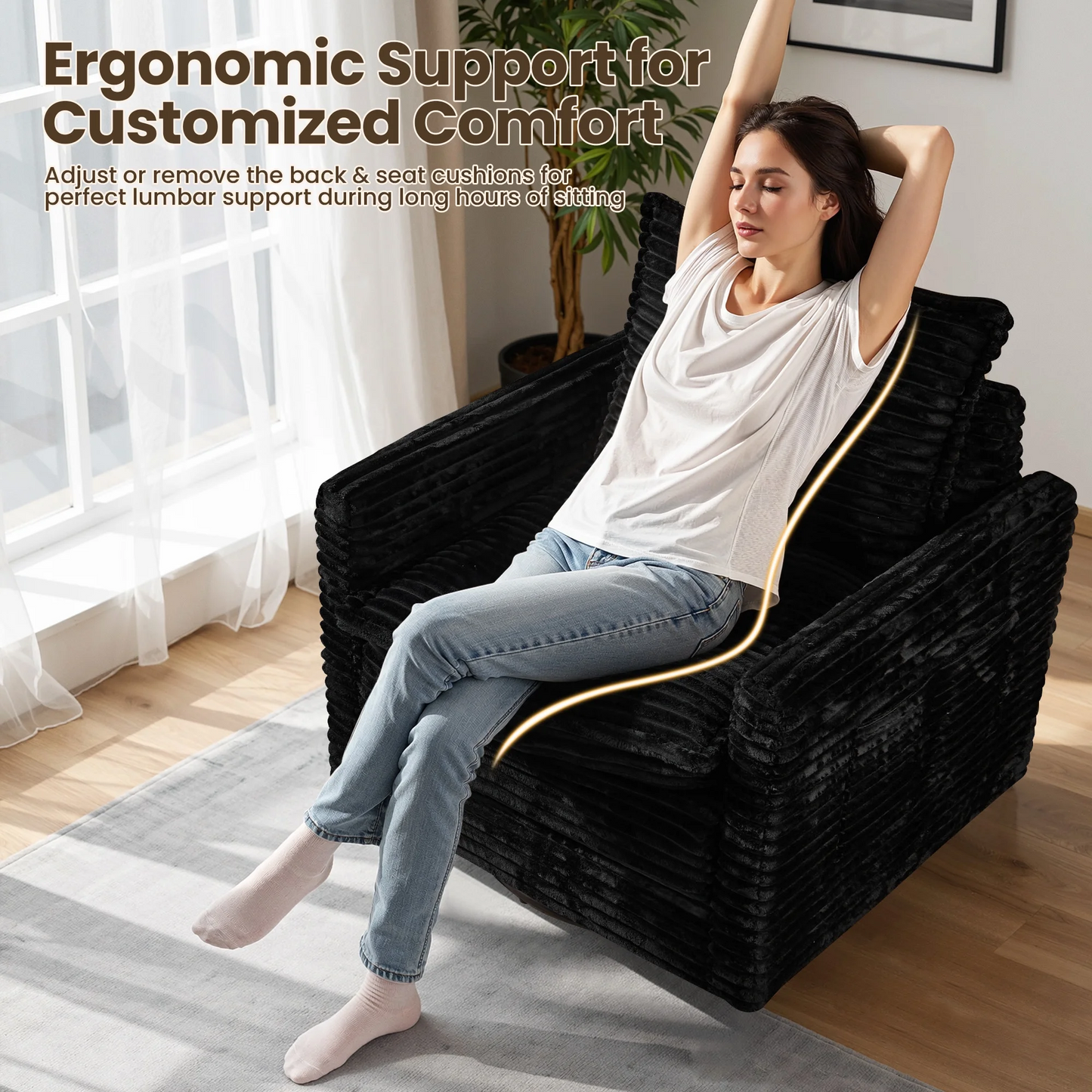Vcatnet 98" Modular Sectional Sofa Couch Corduroy Cloud Couch Oversized Modern Minimalist Couch with Swivel Accent Chairs for Living Room, 5 Seat, Black