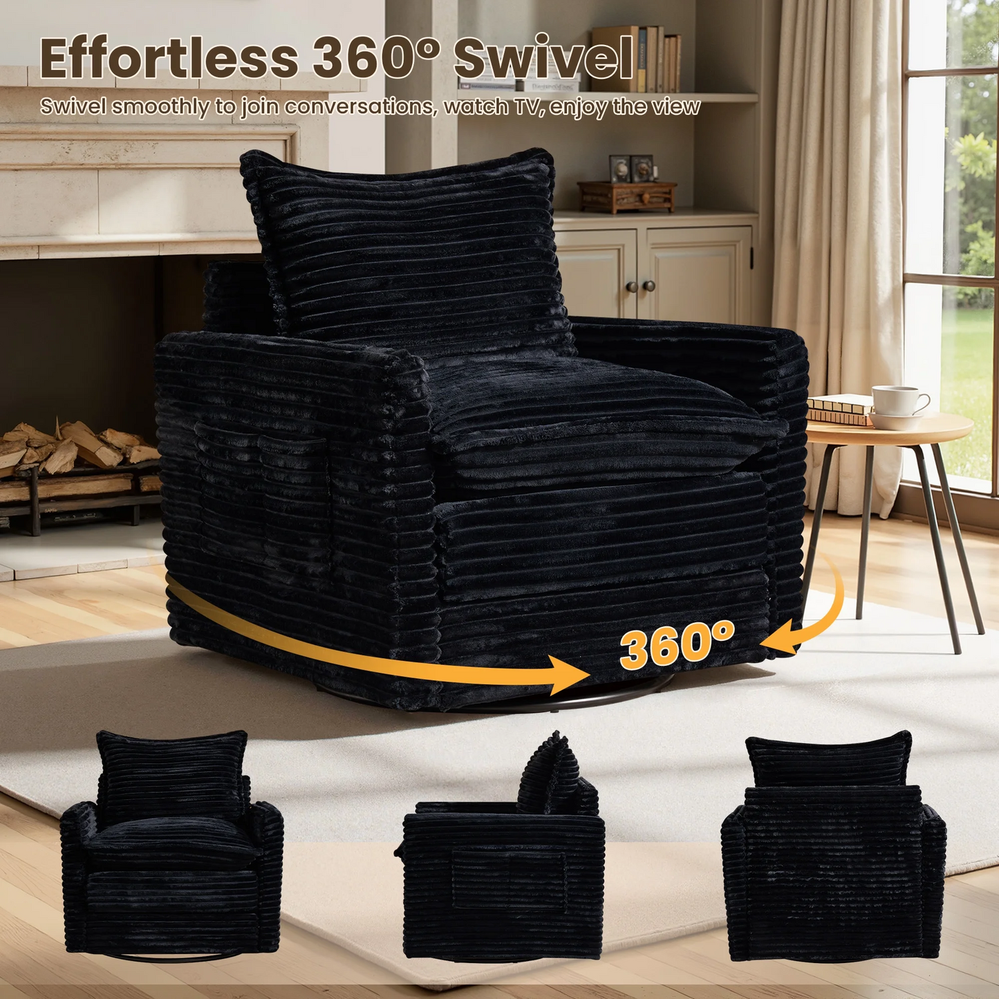 Vcatnet 98" Modular Sectional Sofa Couch Corduroy Cloud Couch Oversized Modern Minimalist Couch with Swivel Accent Chairs for Living Room, 5 Seat, Black