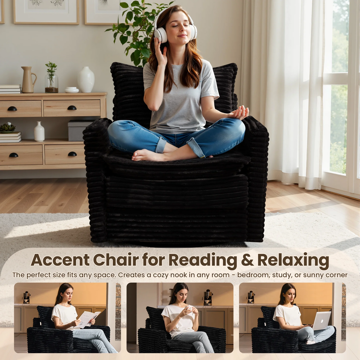 Vcatnet Swivel Accent Chairs Set of 2 Corduroy 360°Swivel Armchair Reading Chair with Side Pockets for Living Room, Bedroom, Reading Room Black