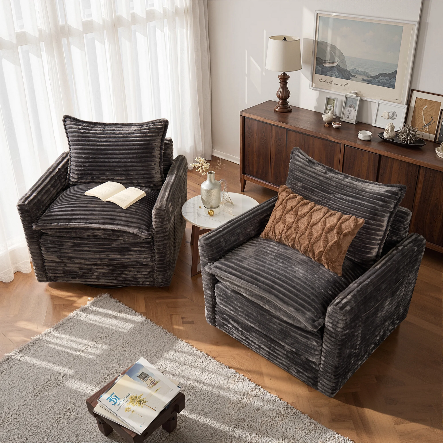Vcatnet Swivel Accent Chairs Set of 2 Corduroy 360°Swivel Armchair Reading Chair with Side Pockets for Living Room, Bedroom, Reading Room Gray