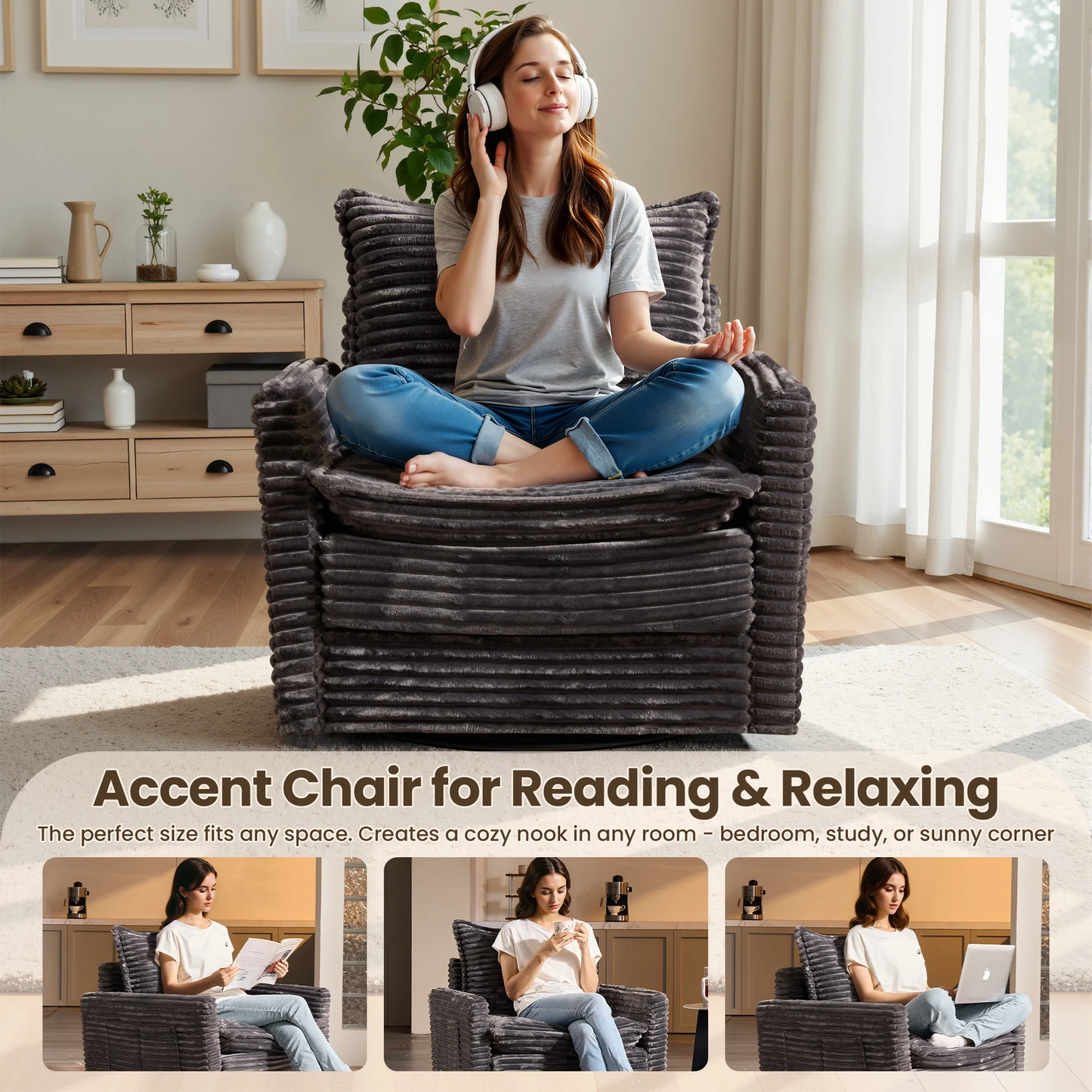 Vcatnet Swivel Accent Chairs Set of 2 Corduroy 360°Swivel Armchair Reading Chair with Side Pockets for Living Room, Bedroom, Reading Room Gray