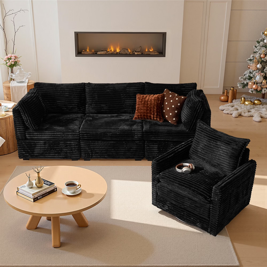 Vcatnet 98" Modular Sectional Sofa Couch Corduroy Cloud Couch Oversized Modern Minimalist Couch with Swivel Accent Chair for Living Room, 4 Seat, Black