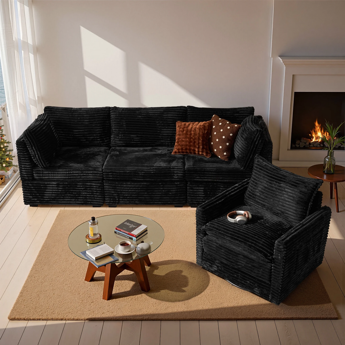 Vcatnet 98" Modular Sectional Sofa Couch Corduroy Cloud Couch Oversized Modern Minimalist Couch with Swivel Accent Chair for Living Room, 4 Seat, Black