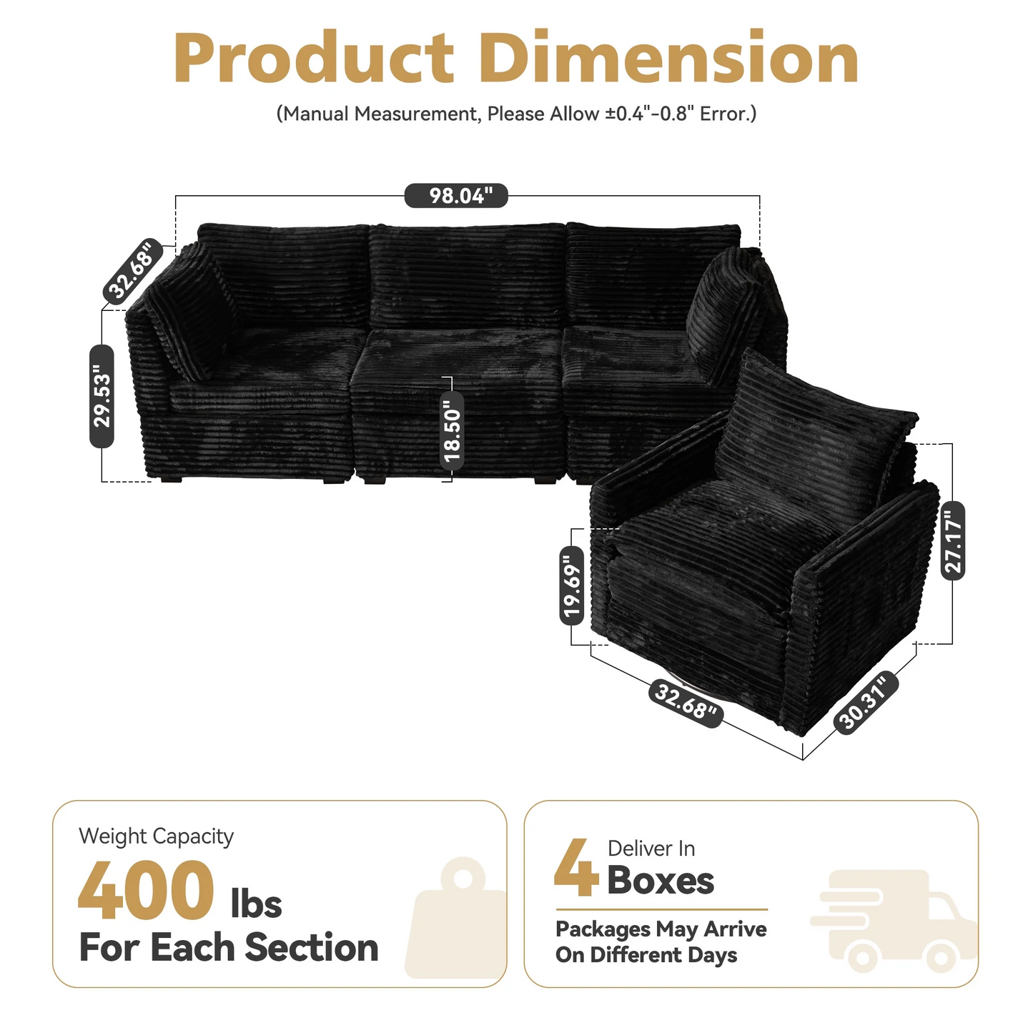 Vcatnet 98" Modular Sectional Sofa Couch Corduroy Cloud Couch Oversized Modern Minimalist Couch with Swivel Accent Chair for Living Room, 4 Seat, Black