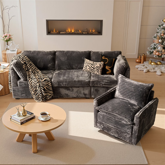 Vcatnet 98" Modular Sectional Sofa Couch Corduroy Cloud Couch Oversized Modern Minimalist Couch with Swivel Accent Chair for Living Room, 4 Seat, Gray