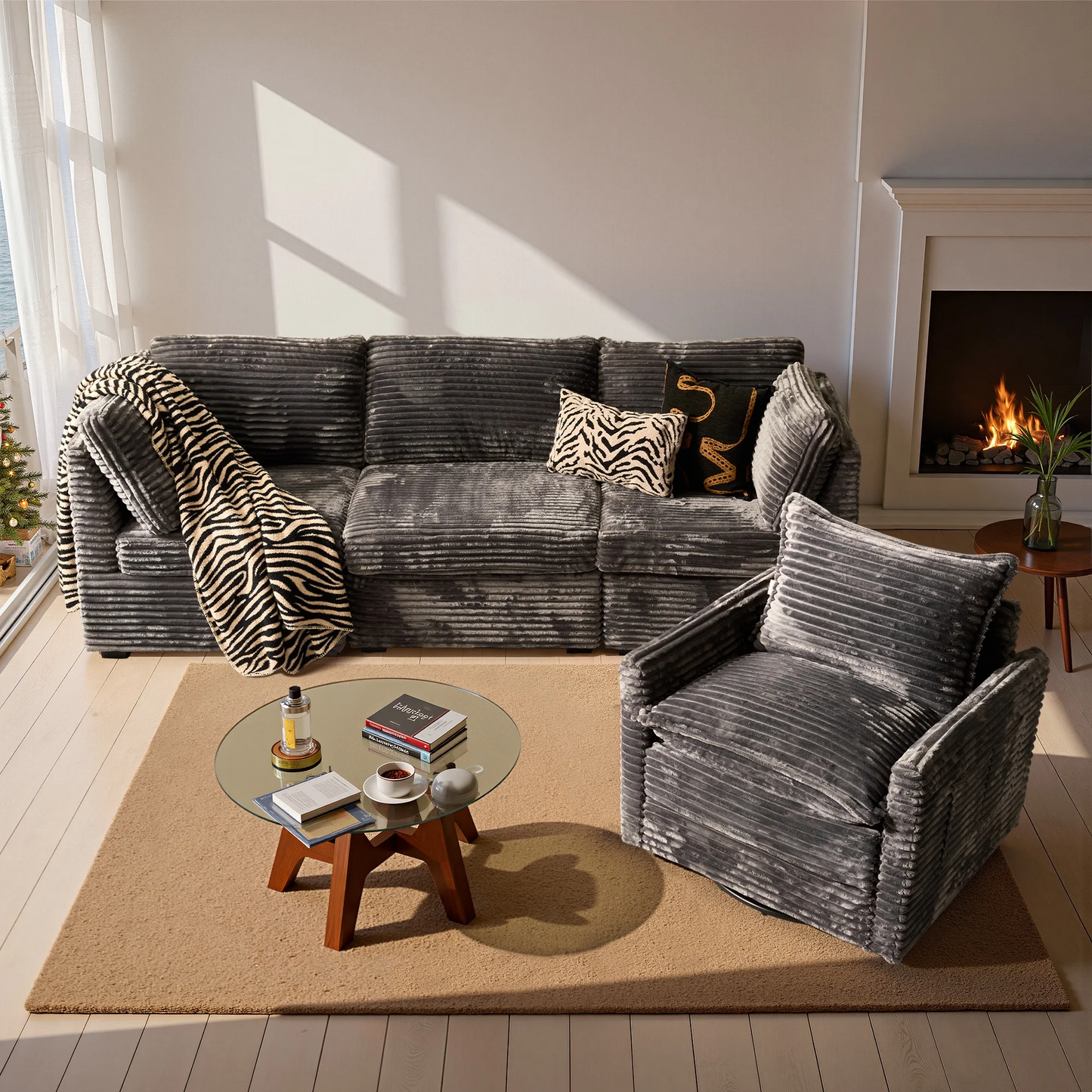 Vcatnet 98" Modular Sectional Sofa Couch Corduroy Cloud Couch Oversized Modern Minimalist Couch with Swivel Accent Chair for Living Room, 4 Seat, Gray