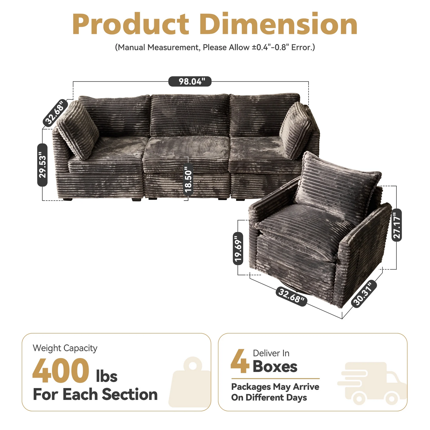 Vcatnet 98" Modular Sectional Sofa Couch Corduroy Cloud Couch Oversized Modern Minimalist Couch with Swivel Accent Chair for Living Room, 4 Seat, Gray