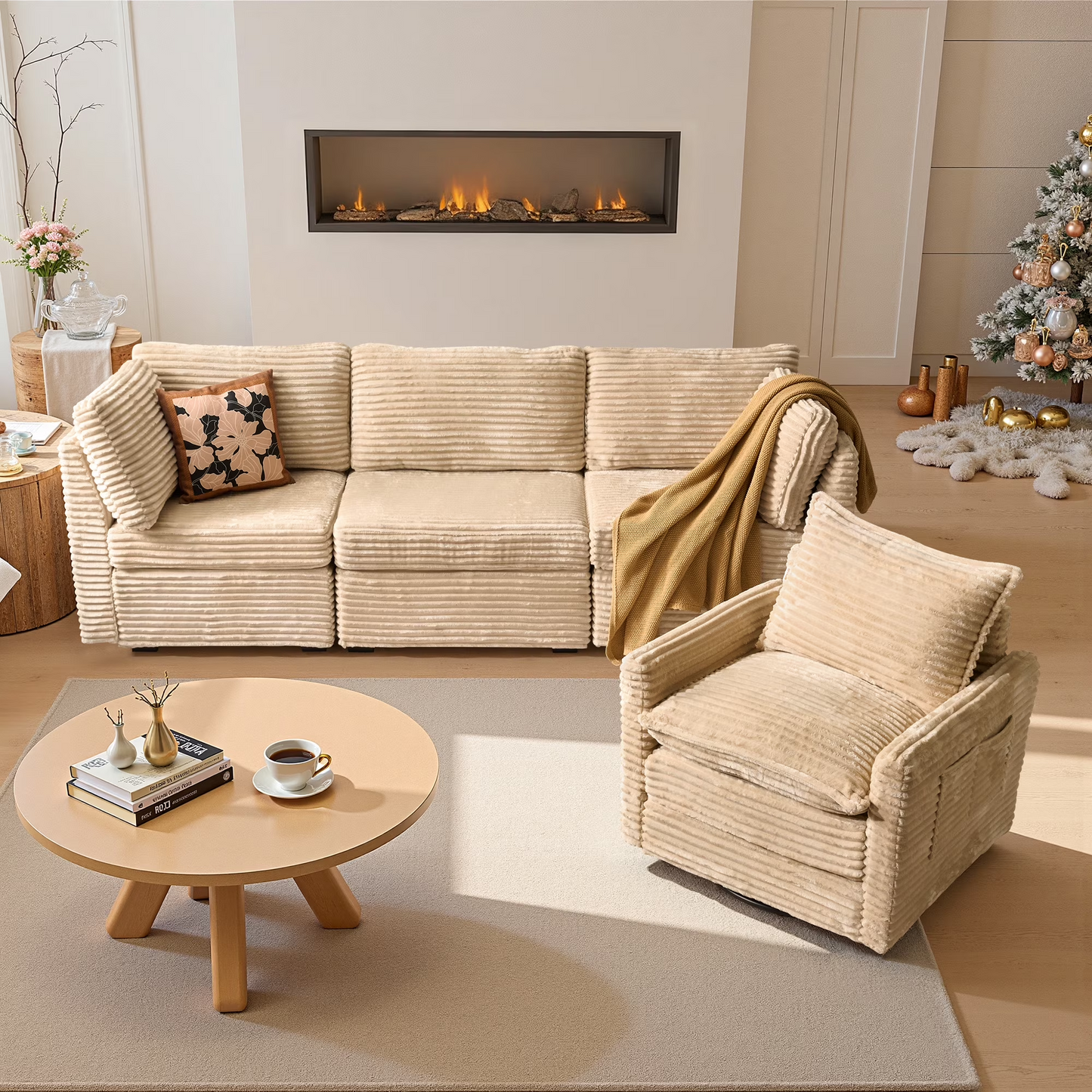 Vcatnet 130.7" Modular Sectional Sofa Couch Corduroy L Shaped Oversized Modern Minimalist Couch with Deep Seat and Ottoman for Living Room