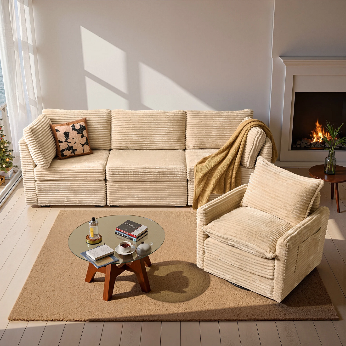 Vcatnet 98" Modular Sectional Sofa Couch Corduroy Cloud Couch Oversized Modern Minimalist Couch with Swivel Accent Chair for Living Room, 4 Seat, Beige